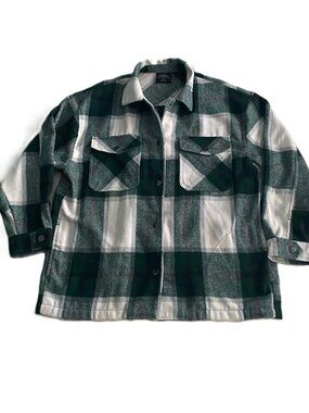 HFX Women's Shirt Jacket Medium Green Plaid Flannel Wool Blend Snap Shacket